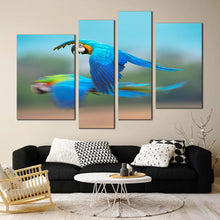 Load image into Gallery viewer, bird flying canvas print blue parrot flying 4 piece canvas wall art colorful exotic parrot canvas set for living room
