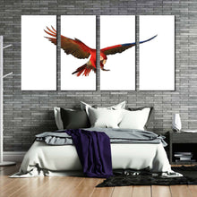 Load image into Gallery viewer, bird flying canvas wall art red macaw parrot isolated canvas print white background bird flying 4 piece multi canvas In Bedroom
