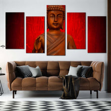 Load image into Gallery viewer, blessing buddha canvas print red background mind soul buddha 5 piece multi canvas artwork orange buddha meditation canvas wall art In Living Room
