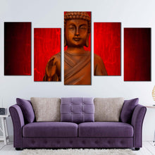 Load image into Gallery viewer, blessing buddha canvas print red background mind soul buddha 5 piece multi canvas artwork orange buddha meditation canvas wall art For Living Room
