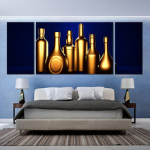 Load image into Gallery viewer, blue background golden wine bottles triptych home canvas decor In Bedroom
