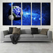 Load image into Gallery viewer, blue earth moon stars in galaxy 5 piece canvas print For Living Room
