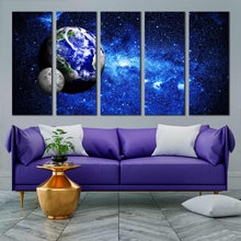 Load image into Gallery viewer, blue earth moon stars in galaxy 5 piece wall art For Your Living room
