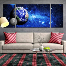 Load image into Gallery viewer, blue  earth  moon  stars  in  the  galaxy  3  piece  canvas  art In  Living Room
