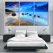 Load image into Gallery viewer, blue ocean moeraki boulders triptych wall art decor For Bedroom
