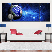 Load image into Gallery viewer, blue  planet  and  moon  in  space  in  the  galaxy  triptych  canvas  artwork For Living Room

