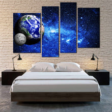 Load image into Gallery viewer, blue planet and moon stars in space 4 Panel Canvas Art For Bedroom
