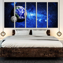 Load image into Gallery viewer, blue planet and moon stars in space 5 Piece Canvas Art In Bedroom
