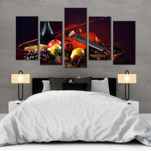 Load image into Gallery viewer, bottle fruits canvas wall art colorful fruits violin wine canvas print still life wine 5 piece canvas For Your Bedroom
