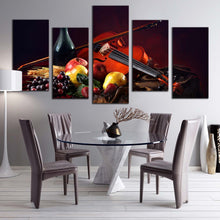 Load image into Gallery viewer, bottle fruits canvas wall art colorful fruits violin wine canvas print still life wine 5 piece canvas In Dining Room
