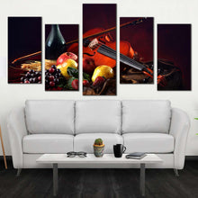 Load image into Gallery viewer, bottle fruits canvas wall art colorful fruits violin wine canvas print still life wine 5 piece canvas For Living Room
