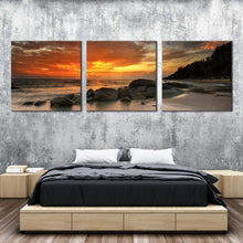 Load image into Gallery viewer, boulders  seascape  canvas  wall  art  orange  cloudy  sky  canvas  print  yellow  ocean  rocks  beach  3  piece  canvas  set For Bedroom
