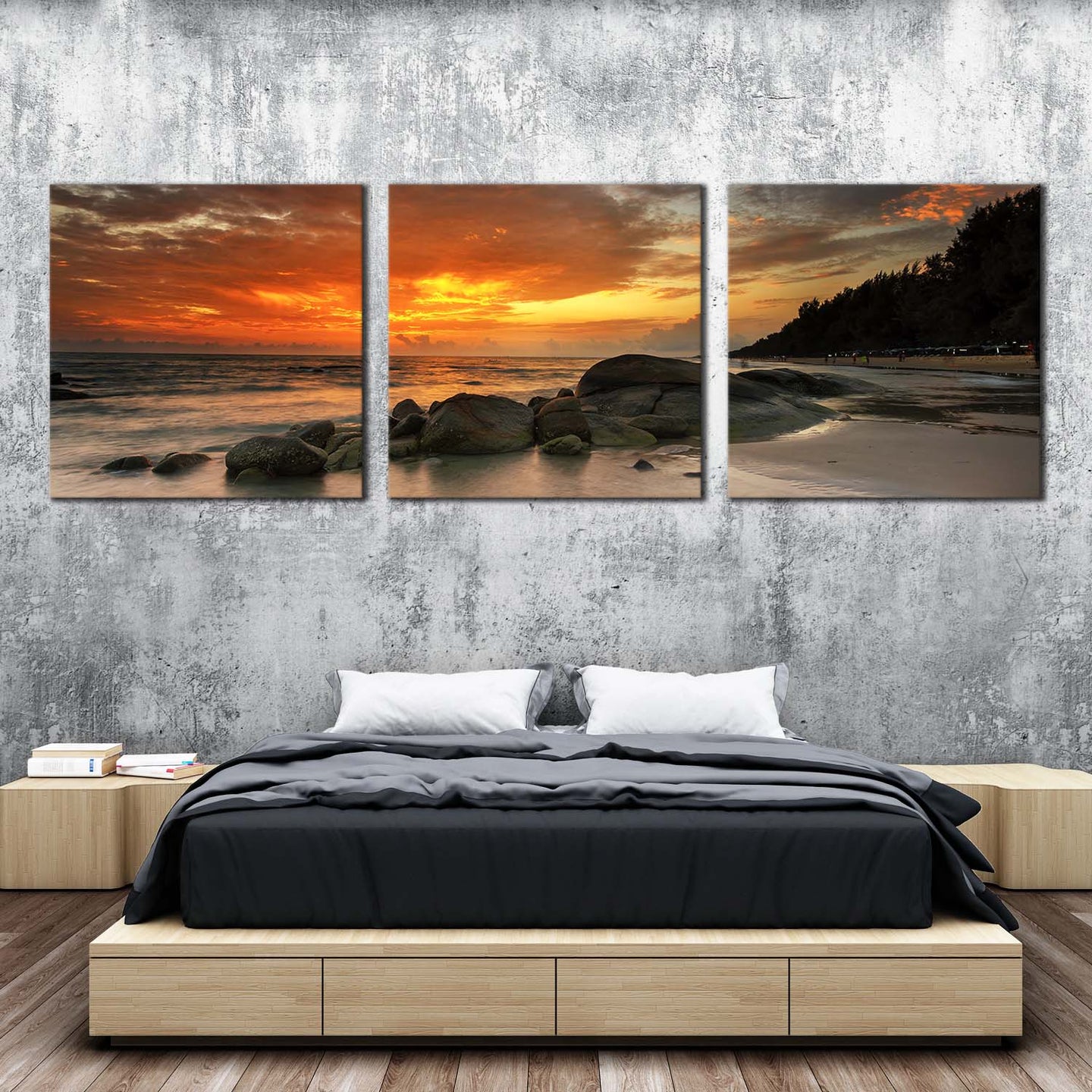 boulders  seascape  canvas  wall  art  orange  cloudy  sky  canvas  print  yellow  ocean  rocks  beach  3  piece  canvas  set For Bedroom