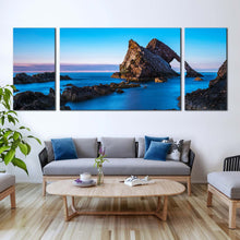 Load image into Gallery viewer, bow  fiddle  canvas  print  blue  sky  ocean  coast  3  piece  canvas  wall  art  brown  ocean  rocks  triptych  multiple  canvas For Living Room
