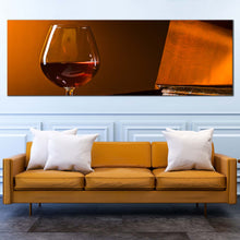 Load image into Gallery viewer, brandy  drink  canvas  wall  art  orange  piano  and  liquor  glass  1  piece  canvas  print  brandy  glass  brown  piano  wide  canvas In Living Room
