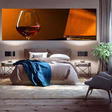 Load image into Gallery viewer, brandy  drink  canvas  wall  art  orange  piano  and  liquor  glass  1  piece  canvas  print  brandy  glass  brown  piano  wide  canvas In Bedroom
