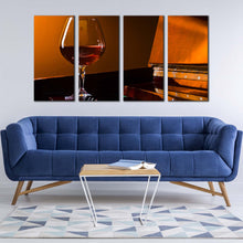 Load image into Gallery viewer, brandy glass canvas wall art brown piano and liquor glass multiple canvas orange piano warmth 4 piece canvas print In Living room
