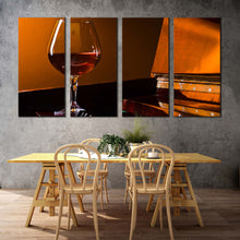 Load image into Gallery viewer, brandy glass canvas wall art brown piano and liquor glass multiple canvas orange piano warmth 4 piece canvas print For Dining Room
