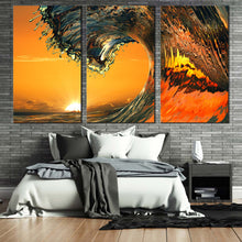 Load image into Gallery viewer, breaking wave canvas wall art orange ocean wave 3 piece multi canvas artwork yellow sunrise wave waves curl canvas print For Bedroom
