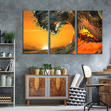 Load image into Gallery viewer, breaking wave canvas wall art orange ocean wave 3 piece multi canvas artwork yellow sunrise wave waves curl canvas print
