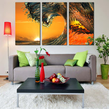 Load image into Gallery viewer, breaking wave canvas wall art orange ocean wave 3 piece multi canvas artwork yellow sunrise wave waves curl canvas print For Living Room
