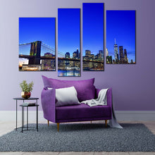 Load image into Gallery viewer, brooklyn bridge canvas print black new york city skyline 4 piece canvas wall art blue sky manhattan cityscape multi canvas in living room
