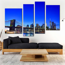 Load image into Gallery viewer, brooklyn bridge canvas print black new york city skyline 4 piece canvas wall art blue sky manhattan cityscape multi canvas for living room
