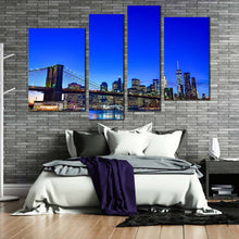 Load image into Gallery viewer, brooklyn bridge canvas print black new york city skyline 4 piece canvas wall art blue sky manhattan cityscape multi canvas
