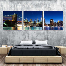 Load image into Gallery viewer, brooklyn  bridge  canvas  print  black  new  york  city  skyline  multi  canvas  blue  manhattan  sky  3  piece  canvas  wall  art  beautiful  nyc  night  canvas  set For Bedroom
