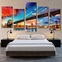 Load image into Gallery viewer, brooklyn bridge canvas print blue sky manhattan bridge 5 piece canvas wall art new york cityscape digital painting multi canvas artwork For Bedroom
