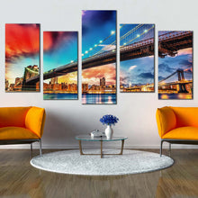 Load image into Gallery viewer, brooklyn bridge canvas print blue sky manhattan bridge 5 piece canvas wall art new york cityscape digital painting multi canvas artwork In Living Room
