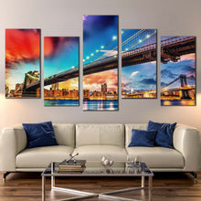 Load image into Gallery viewer, brooklyn bridge canvas print blue sky manhattan bridge 5 piece canvas wall art new york cityscape digital painting multi canvas artwork For Living Room
