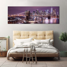 Load image into Gallery viewer, brooklyn  bridge  canvas  print  brown  nyc  view  from  brooklyn  1  piece  canvas  wall  art  purple  manhattan  digital  painting  wide  canvas In Bedroom
