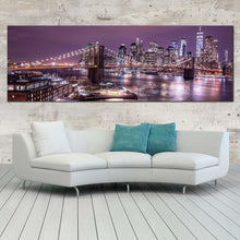 Load image into Gallery viewer, brooklyn  bridge  canvas  print  brown  nyc  view  from  brooklyn  1  piece  canvas  wall  art  purple  manhattan  digital  painting  wide  canvas For Living Room
