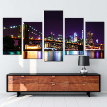 Load image into Gallery viewer, brooklyn bridge canvas print colorful new york skyline multi canvas artwork nyc water reflection 5 piece canvas wall art
