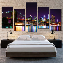 Load image into Gallery viewer, brooklyn bridge canvas print colorful new york skyline multi canvas artwork nyc water reflection 5 piece canvas wall art For Your Bedroom
