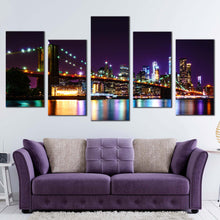 Load image into Gallery viewer, brooklyn bridge canvas print colorful new york skyline multi canvas artwork nyc water reflection 5 piece canvas wall art For Living Room
