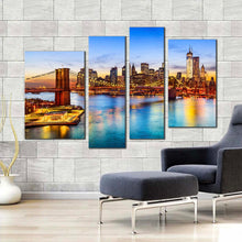 Load image into Gallery viewer, brooklyn bridge canvas wall art blue nyc river canvas set brown new york city 4 piece canvas print in living room
