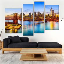 Load image into Gallery viewer, brooklyn bridge canvas wall art blue nyc river canvas set brown new york city 4 piece canvas print for living room
