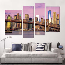 Load image into Gallery viewer, brooklyn bridge canvas wall art brown new york city 4 piece canvas pink sky nyc cityscape canvas print downtown manhattan multiple canvas for living room
