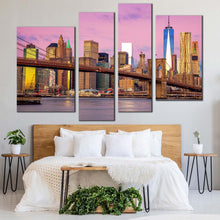 Load image into Gallery viewer, brooklyn bridge canvas wall art brown new york city 4 piece canvas pink sky nyc cityscape canvas print downtown manhattan multiple canvas for your bedroom
