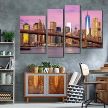 Load image into Gallery viewer, brooklyn bridge canvas wall art brown new york city 4 piece canvas pink sky nyc cityscape canvas print downtown manhattan multiple canvas
