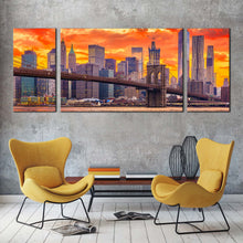 Load image into Gallery viewer, brooklyn  bridge  canvas  wall  art  brown  new  york  city  canvas  set  nyc  orange  dramatic  clouds  3  piece  canvas  print  wall  street  skyline  multi  canvas For Living Room
