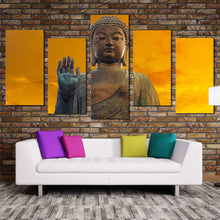 Load image into Gallery viewer, buddha blessing canvas print yellow sunset buddha multi canvas brown big brown buddha statue 5 piece canvas In Living Room
