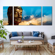 Load image into Gallery viewer, buddha  face  canvas  print  blue  sky  buddha  statue  canvas  set  brown  buddha  3  piece  canvas  wall  art For Living Room
