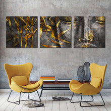 Load image into Gallery viewer, buddha  face  canvas  print  grey  3d  concrete  buddha  multi  canvas  gold  leaves  buddha  close  up  3  piece  canvas  wall  art In Living Room
