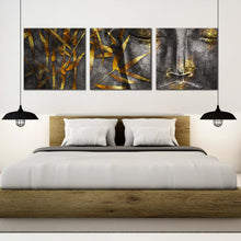 Load image into Gallery viewer, buddha  face  canvas  print  grey  3d  concrete  buddha  multi  canvas  gold  leaves  buddha  close  up  3  piece  canvas  wall  art In Bedroom
