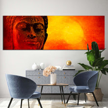 Load image into Gallery viewer, buddha  face  canvas  print  red  buddha  close  up  1  piece  canvas  wall  art  yellow  sky  buddha  canvas  artwork In Living Room
