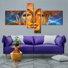 Load image into Gallery viewer, buddha face canvas print yellow peaceful buddha 4 piece canvas wall art gold buddha meditation set In Living room
