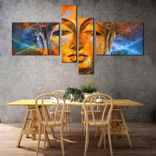 Load image into Gallery viewer, buddha face canvas print yellow peaceful buddha 4 piece canvas wall art gold buddha meditation set In Dining Room
